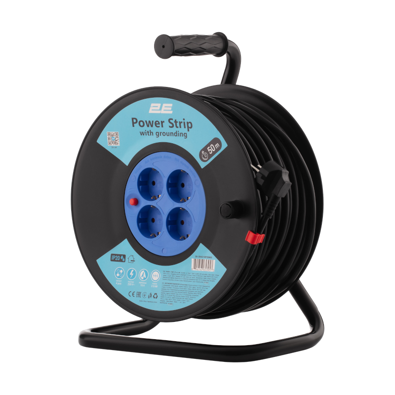 Подовжувач мережевий 2E 4хТип F, 3х1.5мм кв, 16A, на котушці, 50м, чорно-синій (2E-CR4315IP20M50)